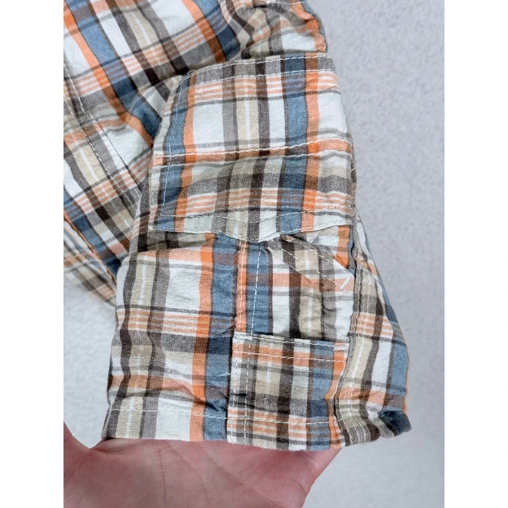 OshKosh B'gosh Baby Boy Plaid Shortall Overalls Size 6 Months Orange Blue Cotton